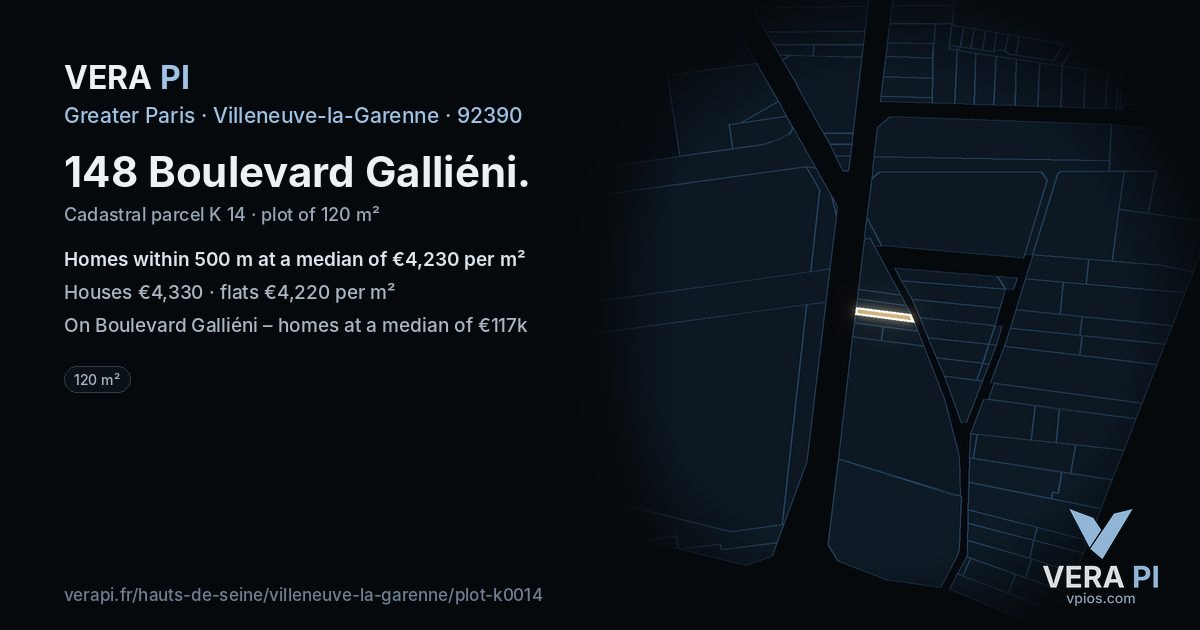 148 Boulevard Galliéni, Villeneuve-la-Garenne at night – the plot lit, the parcels around coloured by the prices near them