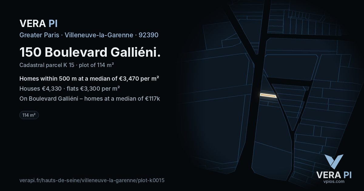 150 Boulevard Galliéni, Villeneuve-la-Garenne at night – the plot lit, the parcels around coloured by the prices near them