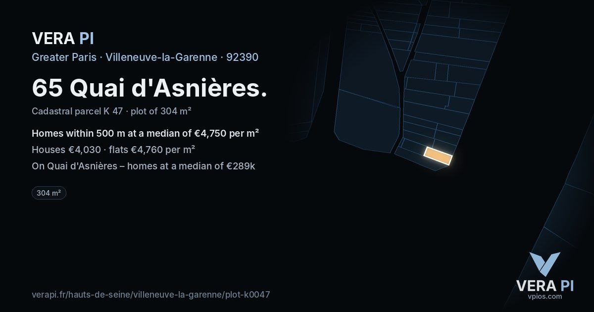 65 Quai d'Asnières, Villeneuve-la-Garenne at night – the plot lit, the parcels around coloured by the prices near them