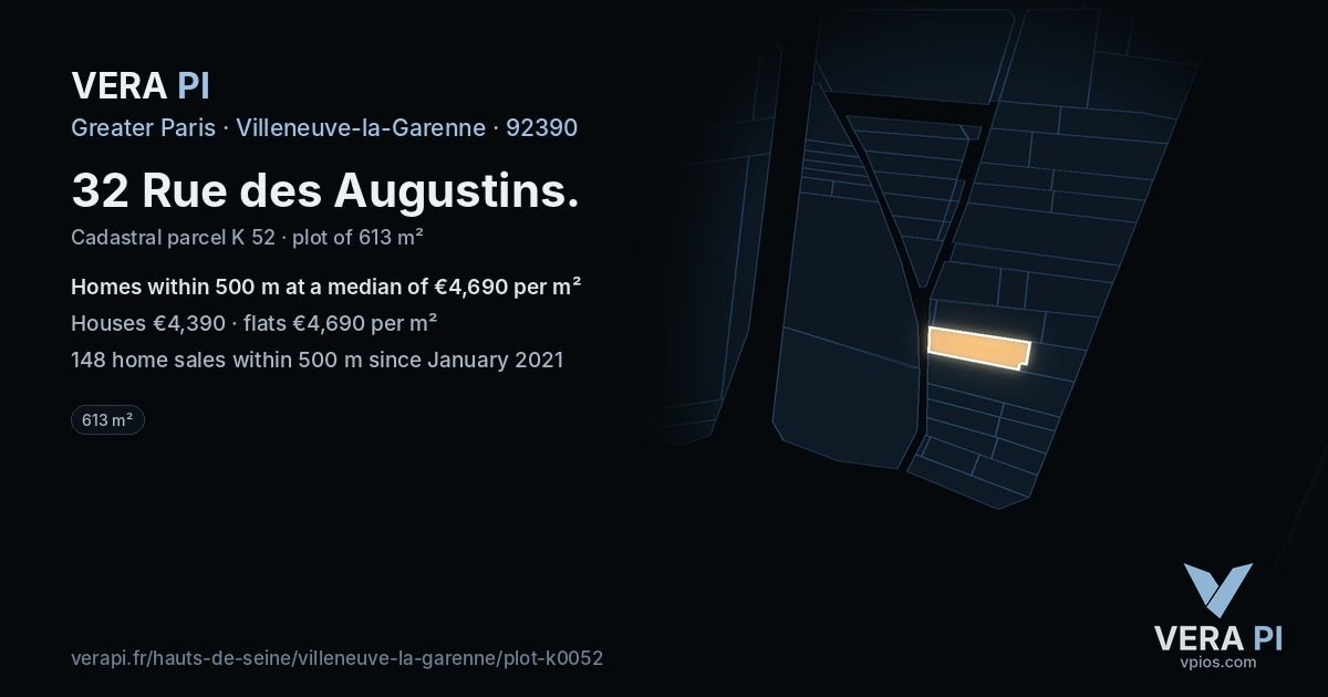 32 Rue des Augustins, Villeneuve-la-Garenne at night – the plot lit, the parcels around coloured by the prices near them