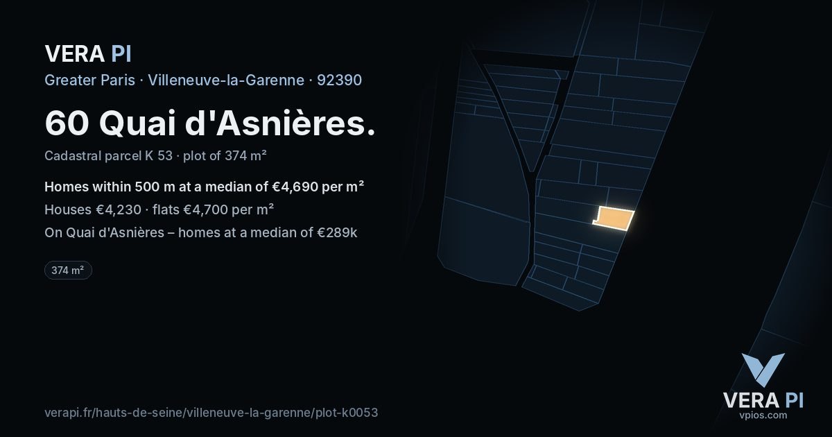 60 Quai d'Asnières, Villeneuve-la-Garenne at night – the plot lit, the parcels around coloured by the prices near them