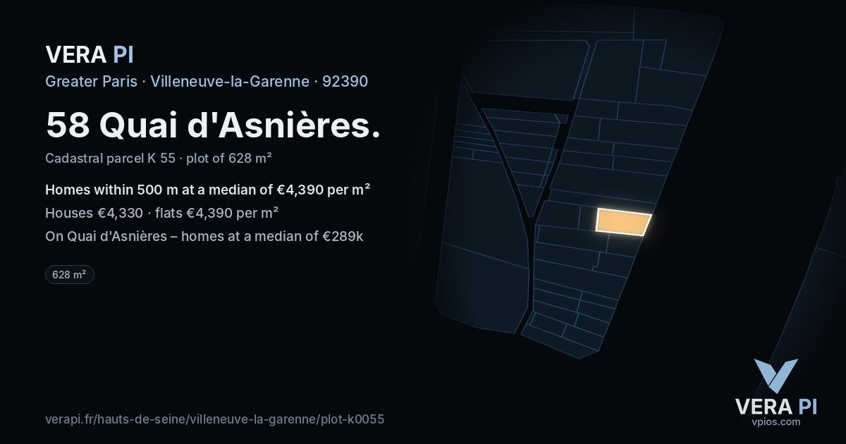 58 Quai d'Asnières, Villeneuve-la-Garenne at night – the plot lit, the parcels around coloured by the prices near them