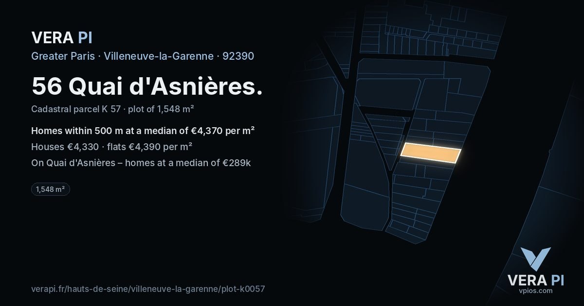 56 Quai d'Asnières, Villeneuve-la-Garenne at night – the plot lit, the parcels around coloured by the prices near them
