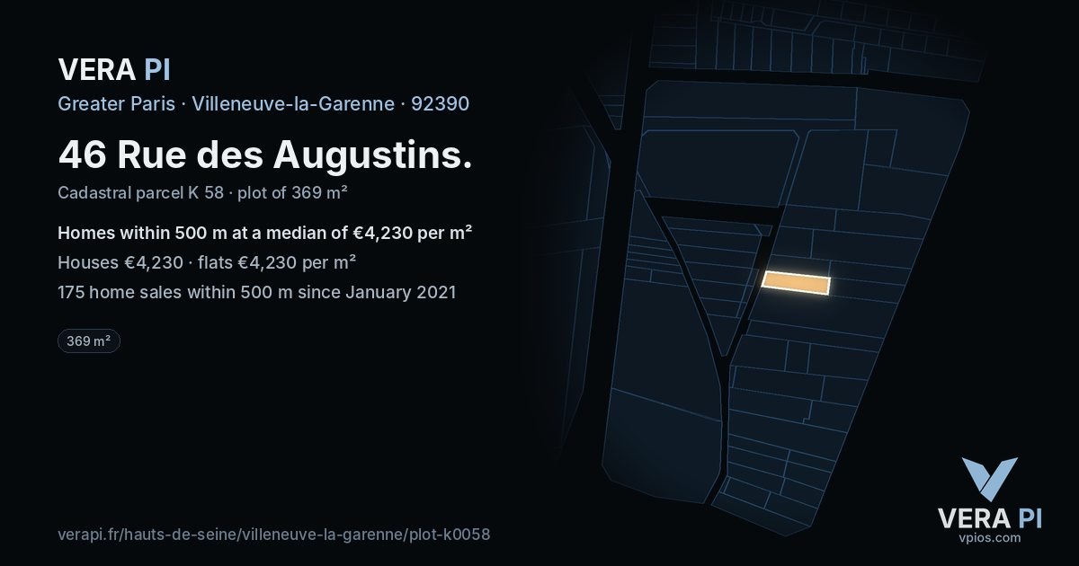 46 Rue des Augustins, Villeneuve-la-Garenne at night – the plot lit, the parcels around coloured by the prices near them