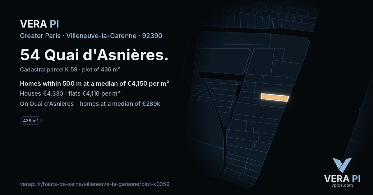 54 Quai d'Asnières, Villeneuve-la-Garenne at night – the plot lit, the parcels around coloured by the prices near them