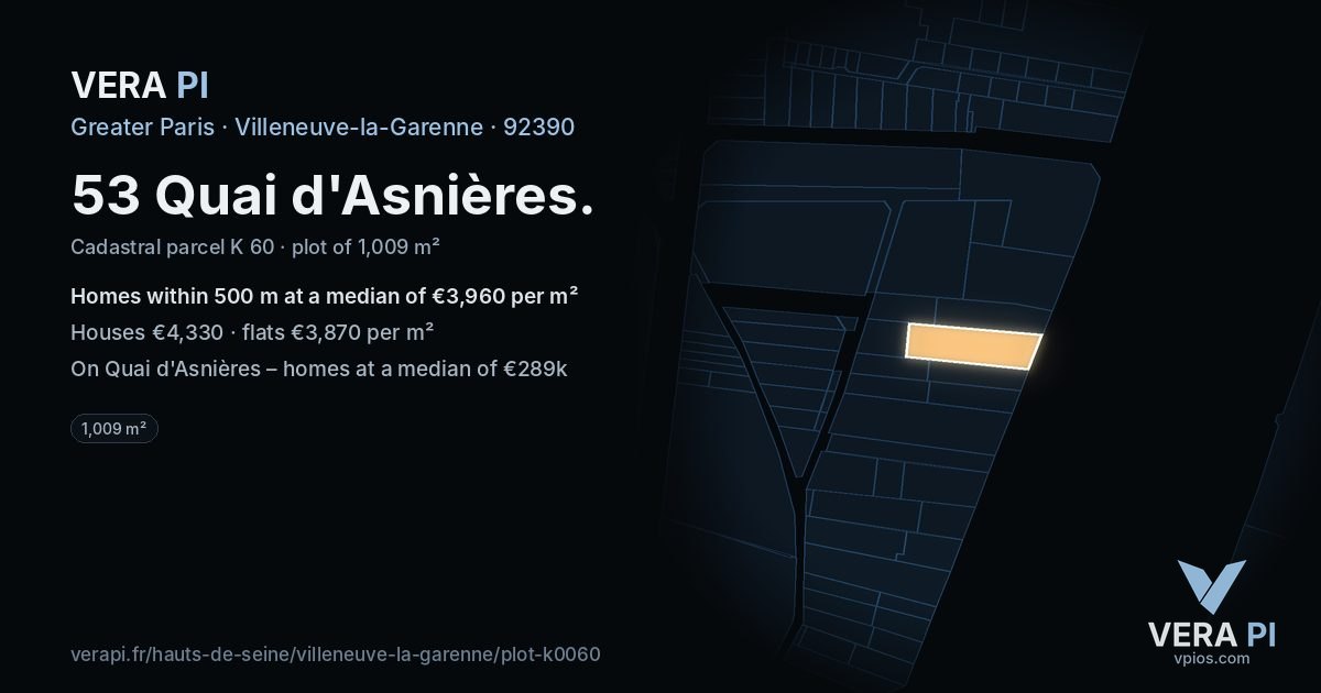53 Quai d'Asnières, Villeneuve-la-Garenne at night – the plot lit, the parcels around coloured by the prices near them