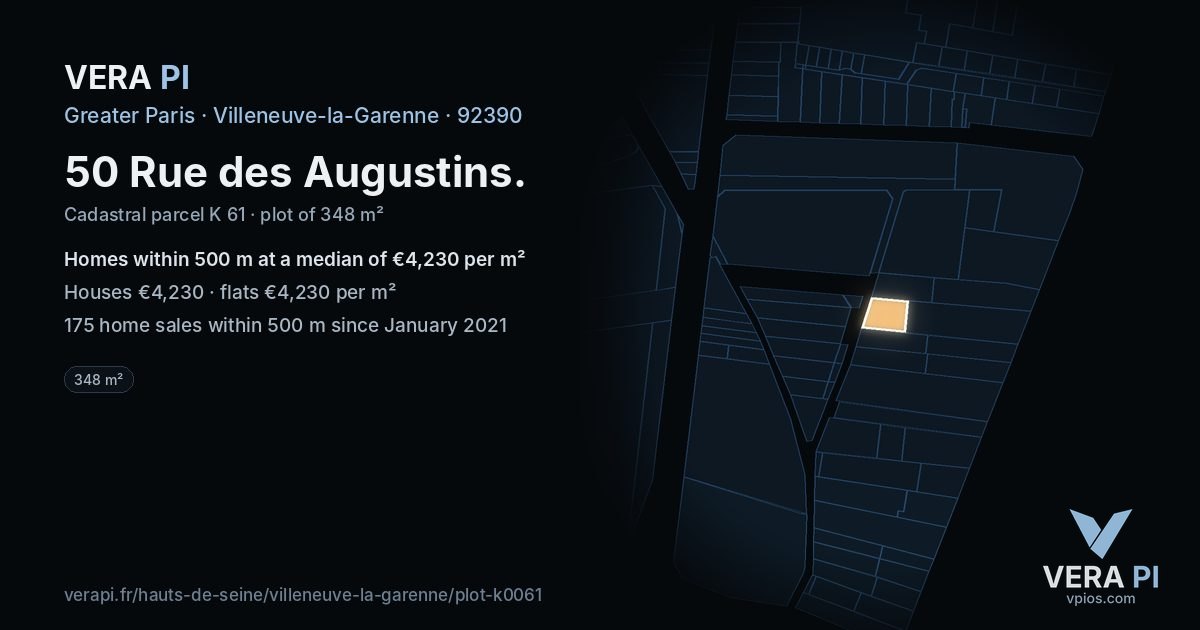 50 Rue des Augustins, Villeneuve-la-Garenne at night – the plot lit, the parcels around coloured by the prices near them