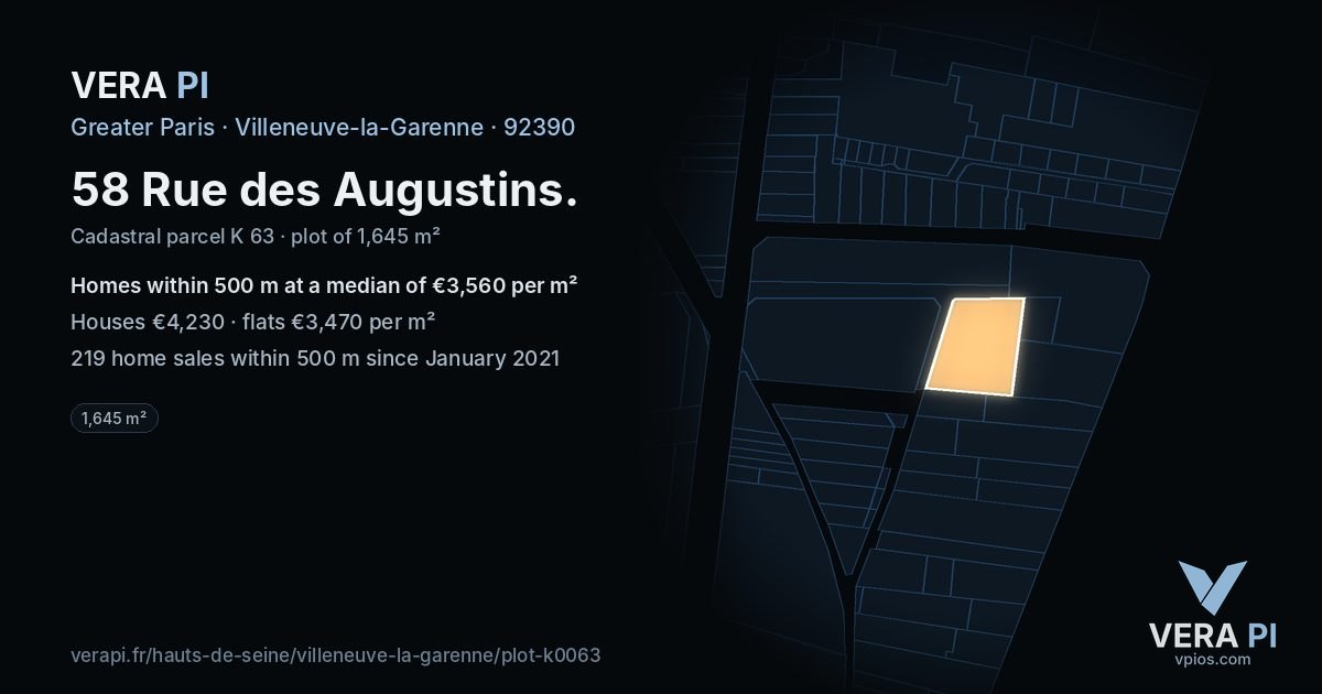 58 Rue des Augustins, Villeneuve-la-Garenne at night – the plot lit, the parcels around coloured by the prices near them