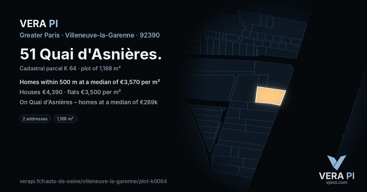 51 Quai d'Asnières, Villeneuve-la-Garenne at night – the plot lit, the parcels around coloured by the prices near them
