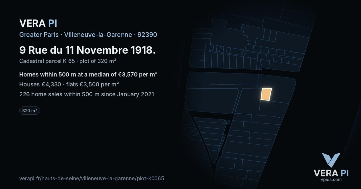 9 Rue du 11 Novembre 1918, Villeneuve-la-Garenne at night – the plot lit, the parcels around coloured by the prices near them