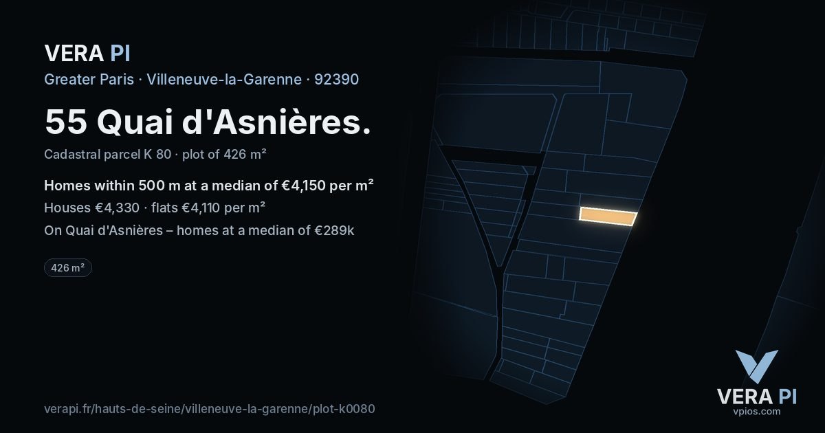 55 Quai d'Asnières, Villeneuve-la-Garenne at night – the plot lit, the parcels around coloured by the prices near them