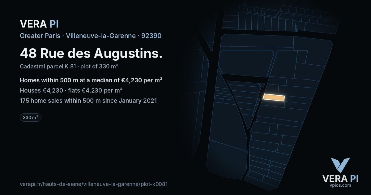 48 Rue des Augustins, Villeneuve-la-Garenne at night – the plot lit, the parcels around coloured by the prices near them