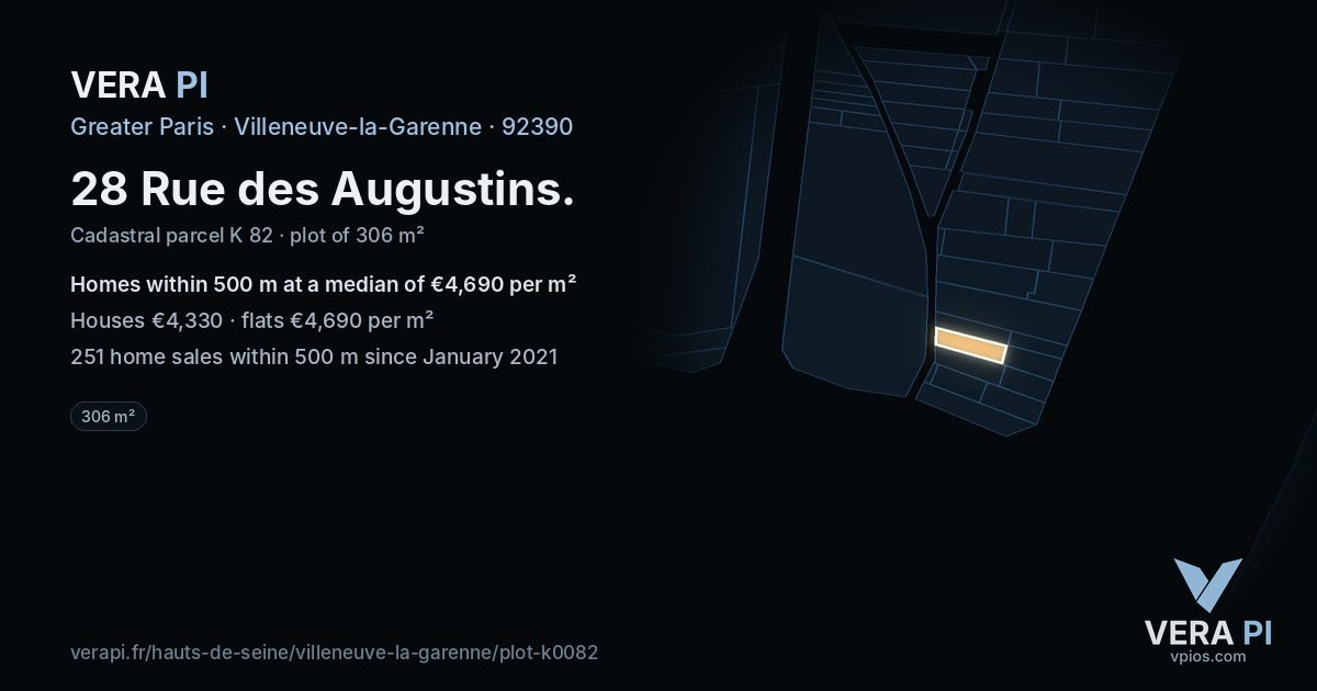 28 Rue des Augustins, Villeneuve-la-Garenne at night – the plot lit, the parcels around coloured by the prices near them