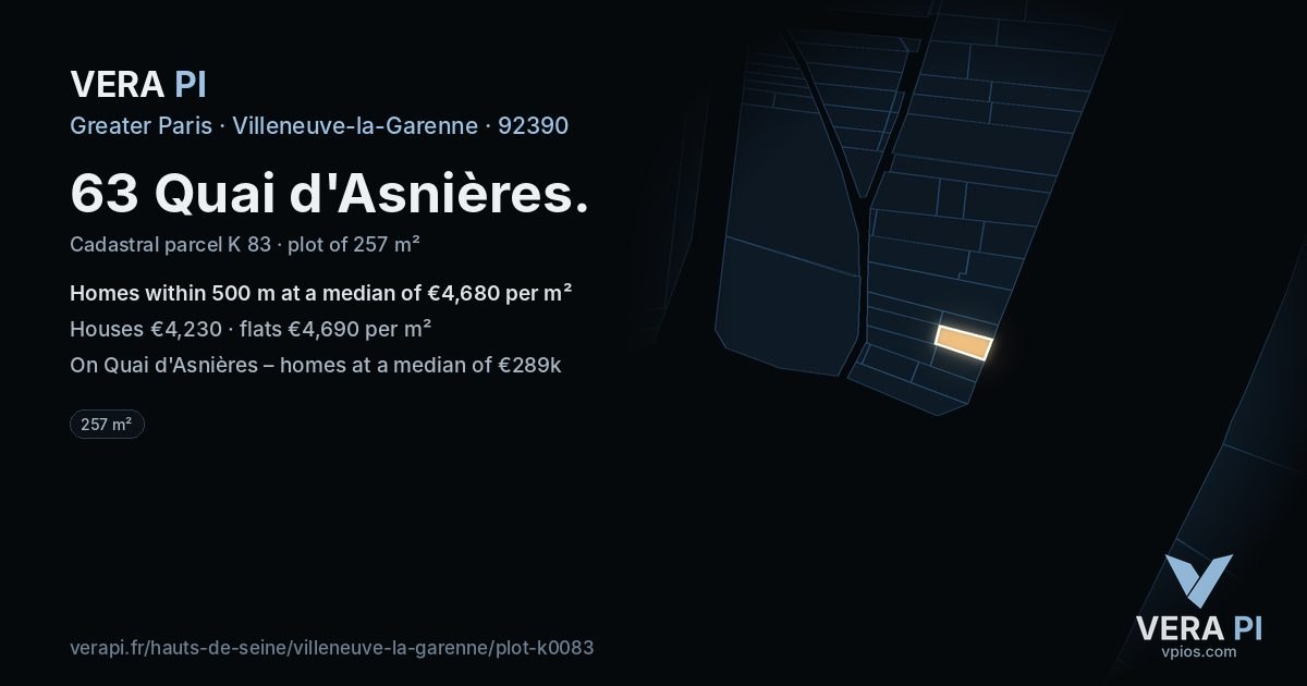 63 Quai d'Asnières, Villeneuve-la-Garenne at night – the plot lit, the parcels around coloured by the prices near them