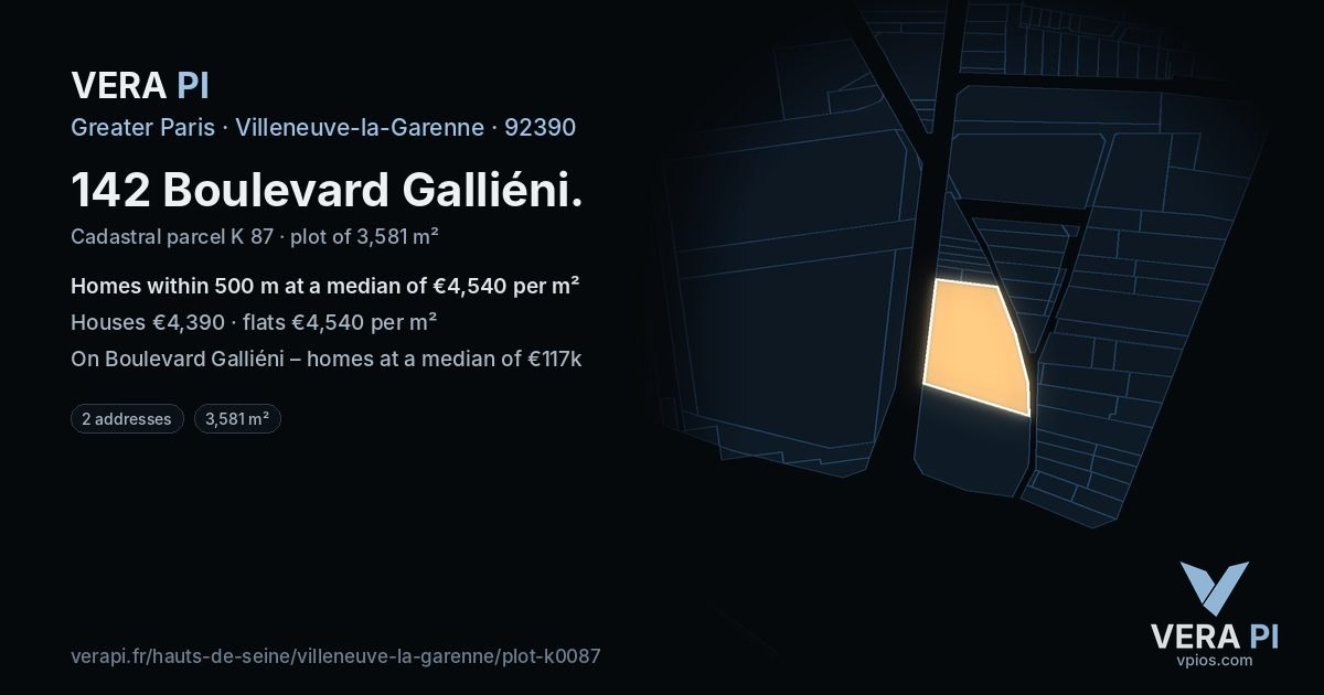 142 Boulevard Galliéni, Villeneuve-la-Garenne at night – the plot lit, the parcels around coloured by the prices near them