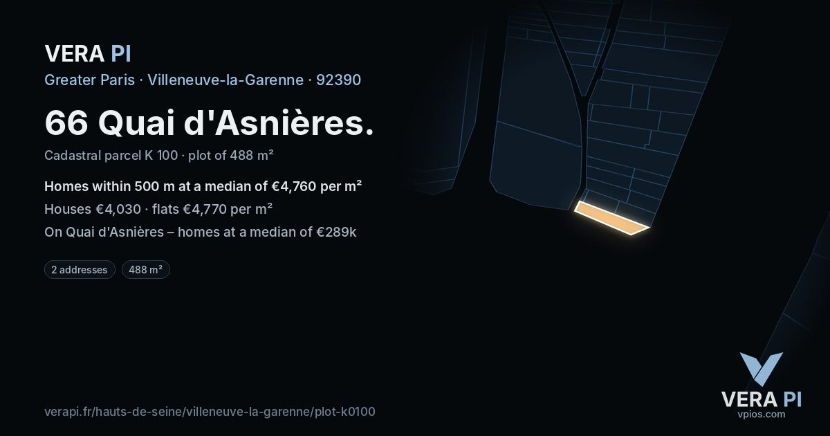 66 Quai d'Asnières, Villeneuve-la-Garenne at night – the plot lit, the parcels around coloured by the prices near them