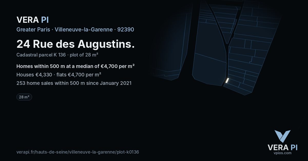24 Rue des Augustins, Villeneuve-la-Garenne at night – the plot lit, the parcels around coloured by the prices near them