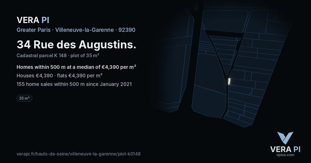 34 Rue des Augustins, Villeneuve-la-Garenne at night – the plot lit, the parcels around coloured by the prices near them