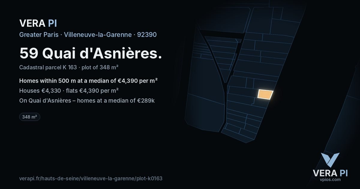 59 Quai d'Asnières, Villeneuve-la-Garenne at night – the plot lit, the parcels around coloured by the prices near them