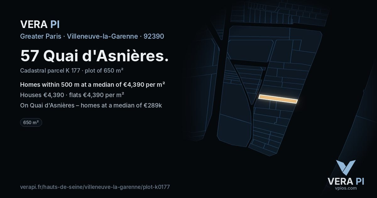 57 Quai d'Asnières, Villeneuve-la-Garenne at night – the plot lit, the parcels around coloured by the prices near them