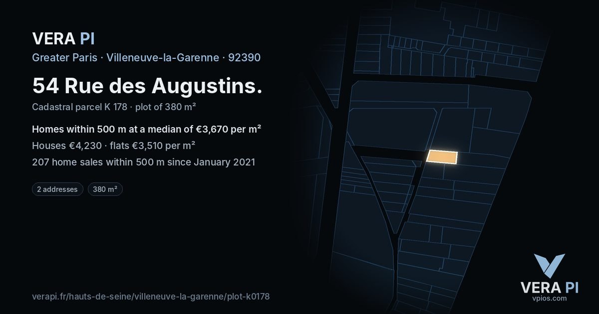 54 Rue des Augustins, Villeneuve-la-Garenne at night – the plot lit, the parcels around coloured by the prices near them