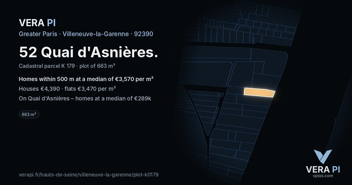 52 Quai d'Asnières, Villeneuve-la-Garenne at night – the plot lit, the parcels around coloured by the prices near them