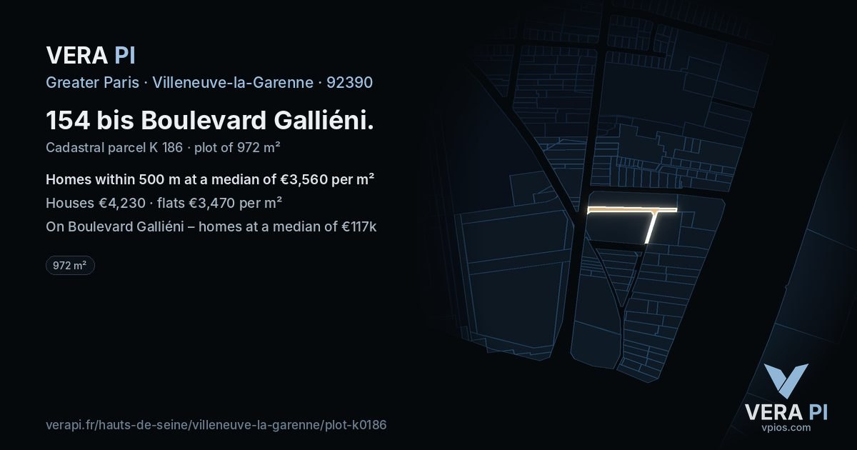 154 bis Boulevard Galliéni, Villeneuve-la-Garenne at night – the plot lit, the parcels around coloured by the prices near them