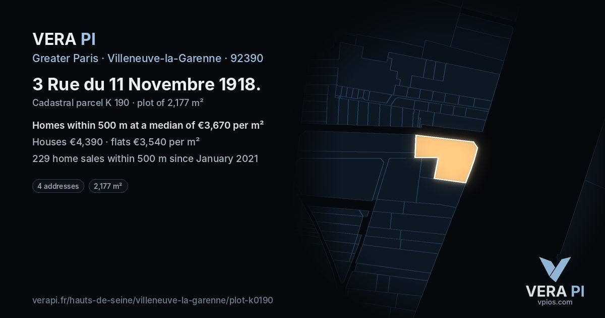 3 Rue du 11 Novembre 1918, Villeneuve-la-Garenne at night – the plot lit, the parcels around coloured by the prices near them