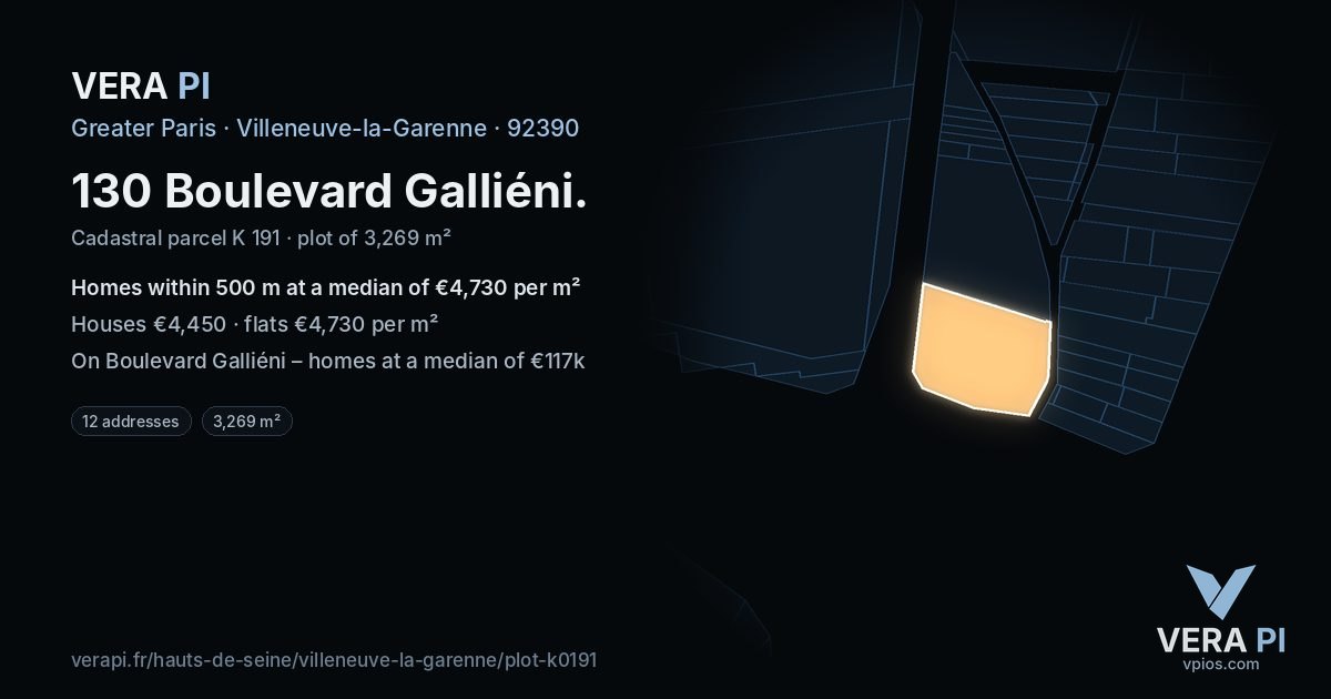 130 Boulevard Galliéni, Villeneuve-la-Garenne at night – the plot lit, the parcels around coloured by the prices near them