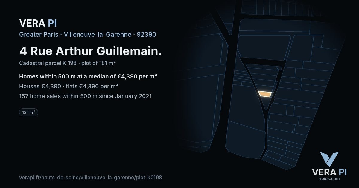 4 Rue Arthur Guillemain, Villeneuve-la-Garenne at night – the plot lit, the parcels around coloured by the prices near them