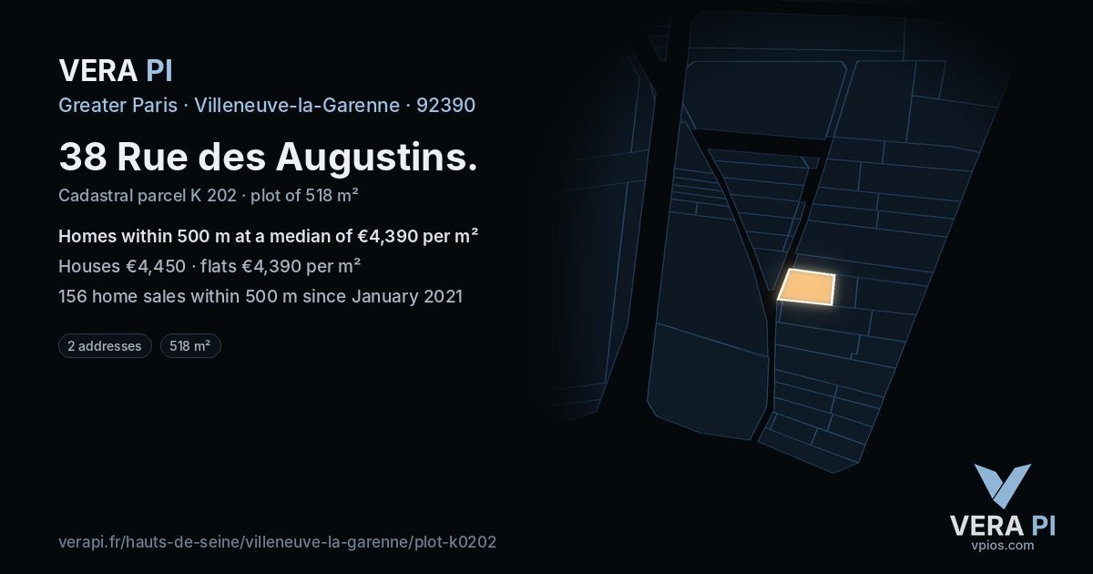 38 Rue des Augustins, Villeneuve-la-Garenne at night – the plot lit, the parcels around coloured by the prices near them