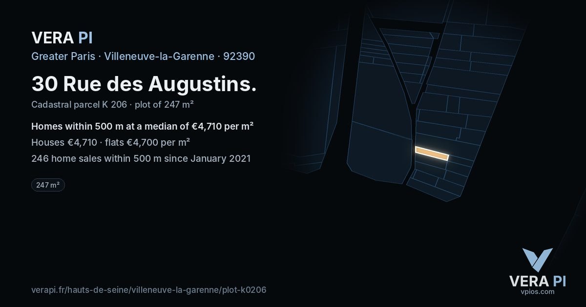 30 Rue des Augustins, Villeneuve-la-Garenne at night – the plot lit, the parcels around coloured by the prices near them