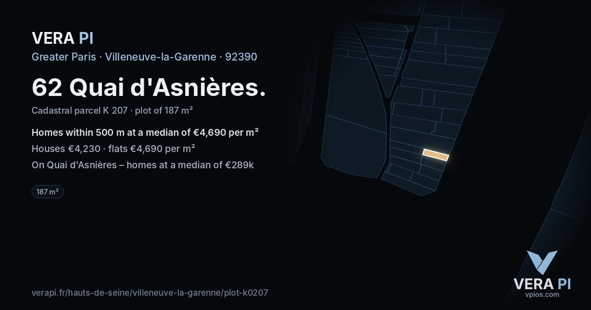 62 Quai d'Asnières, Villeneuve-la-Garenne at night – the plot lit, the parcels around coloured by the prices near them
