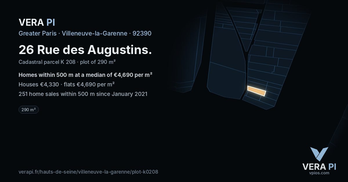 26 Rue des Augustins, Villeneuve-la-Garenne at night – the plot lit, the parcels around coloured by the prices near them