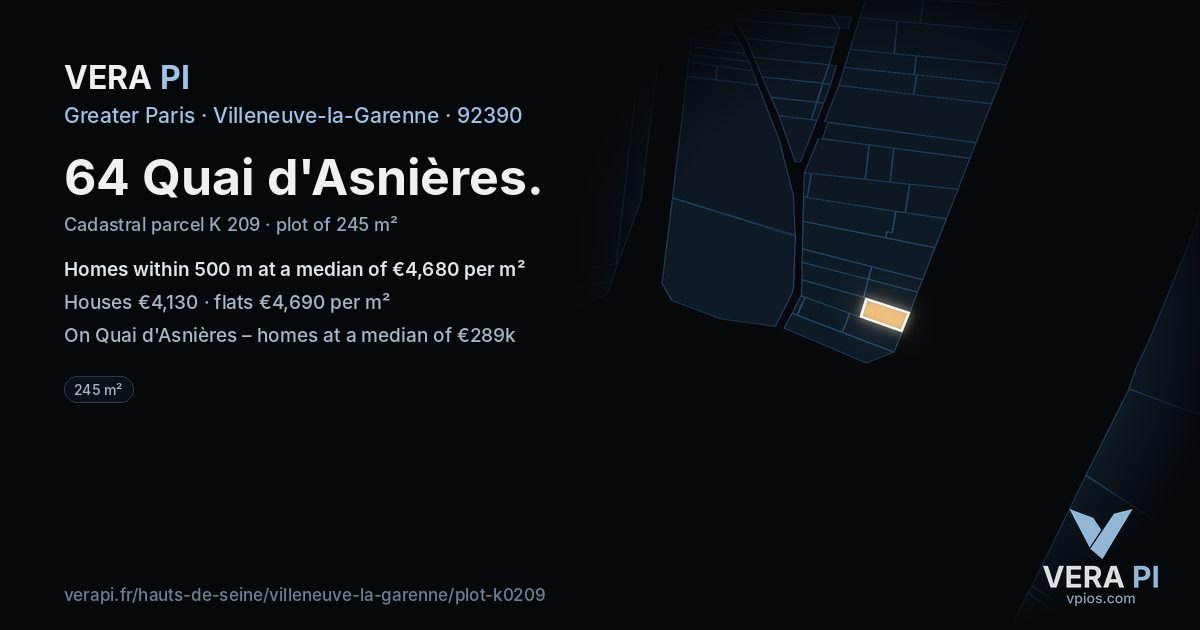 64 Quai d'Asnières, Villeneuve-la-Garenne at night – the plot lit, the parcels around coloured by the prices near them