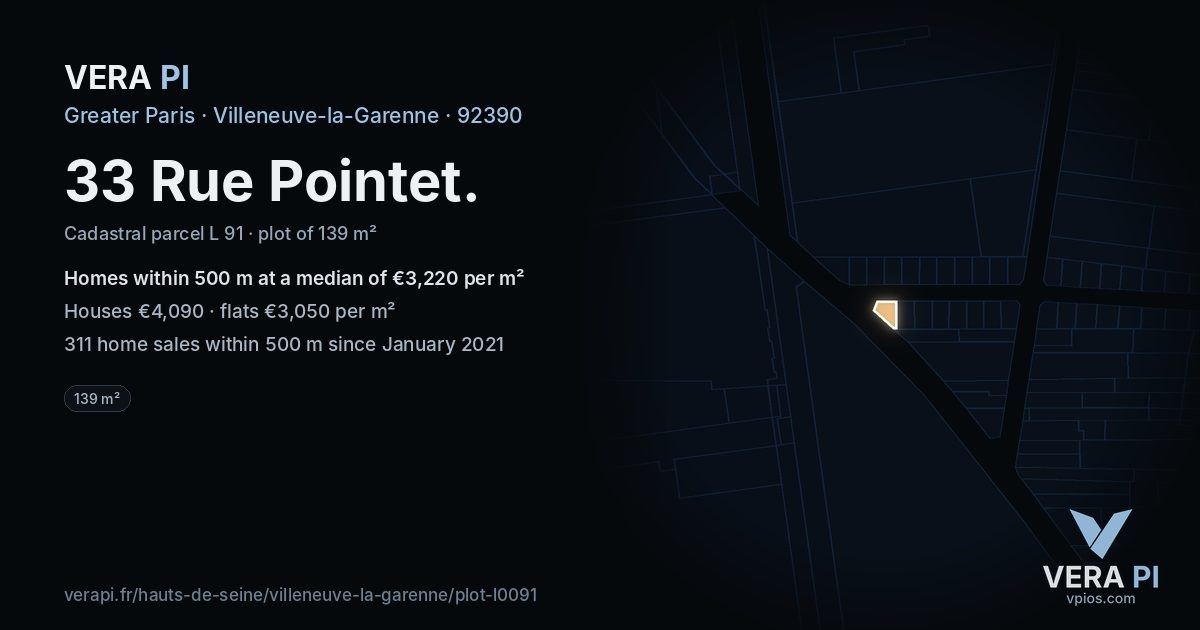 33 Rue Pointet, Villeneuve-la-Garenne at night – the plot lit, the parcels around coloured by the prices near them