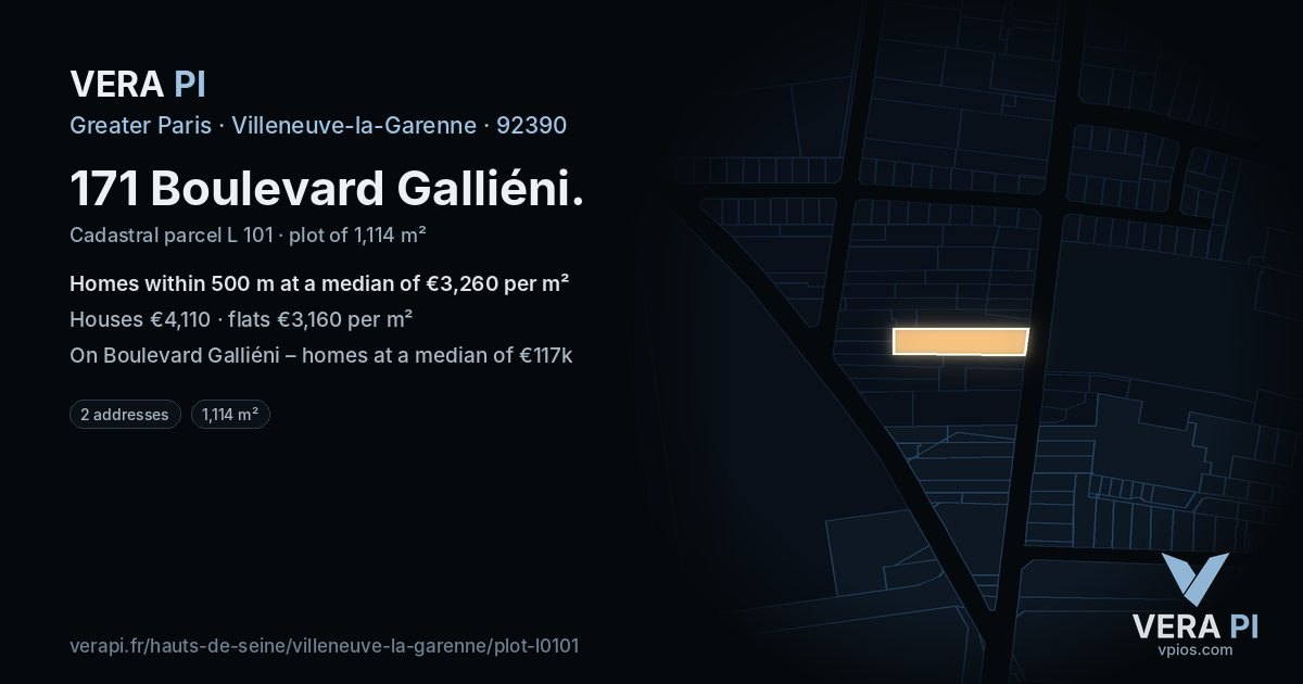 171 Boulevard Galliéni, Villeneuve-la-Garenne at night – the plot lit, the parcels around coloured by the prices near them