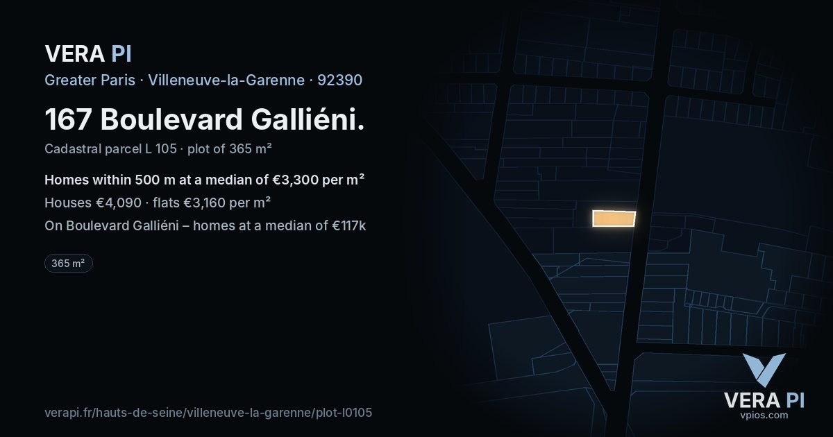 167 Boulevard Galliéni, Villeneuve-la-Garenne at night – the plot lit, the parcels around coloured by the prices near them