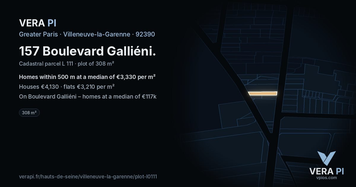 157 Boulevard Galliéni, Villeneuve-la-Garenne at night – the plot lit, the parcels around coloured by the prices near them