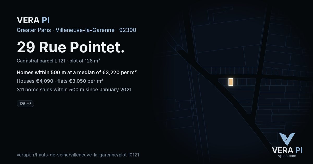 29 Rue Pointet, Villeneuve-la-Garenne at night – the plot lit, the parcels around coloured by the prices near them