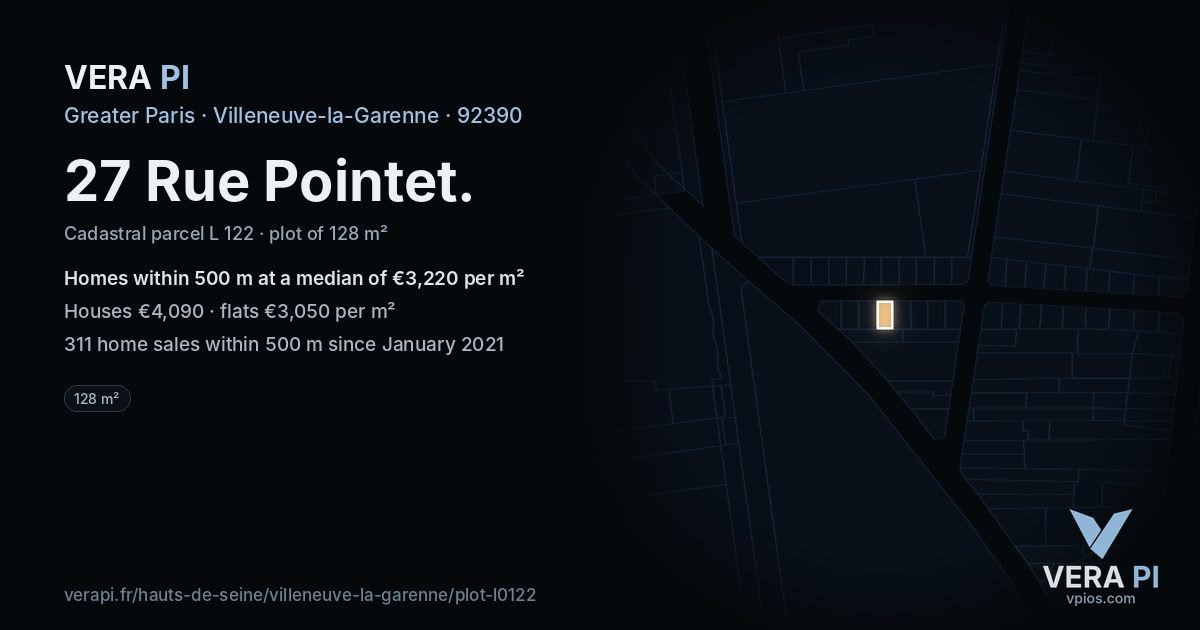 27 Rue Pointet, Villeneuve-la-Garenne at night – the plot lit, the parcels around coloured by the prices near them