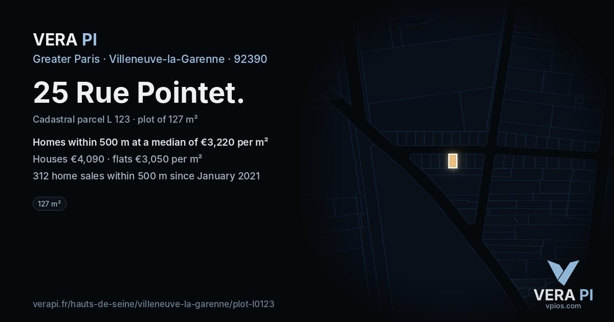 25 Rue Pointet, Villeneuve-la-Garenne at night – the plot lit, the parcels around coloured by the prices near them