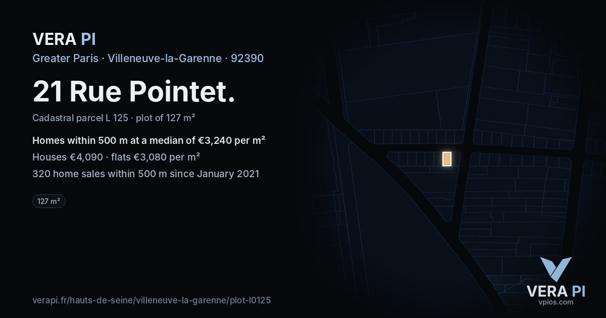 21 Rue Pointet, Villeneuve-la-Garenne at night – the plot lit, the parcels around coloured by the prices near them