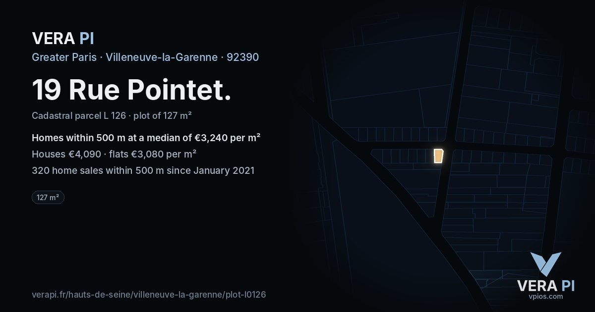 19 Rue Pointet, Villeneuve-la-Garenne at night – the plot lit, the parcels around coloured by the prices near them