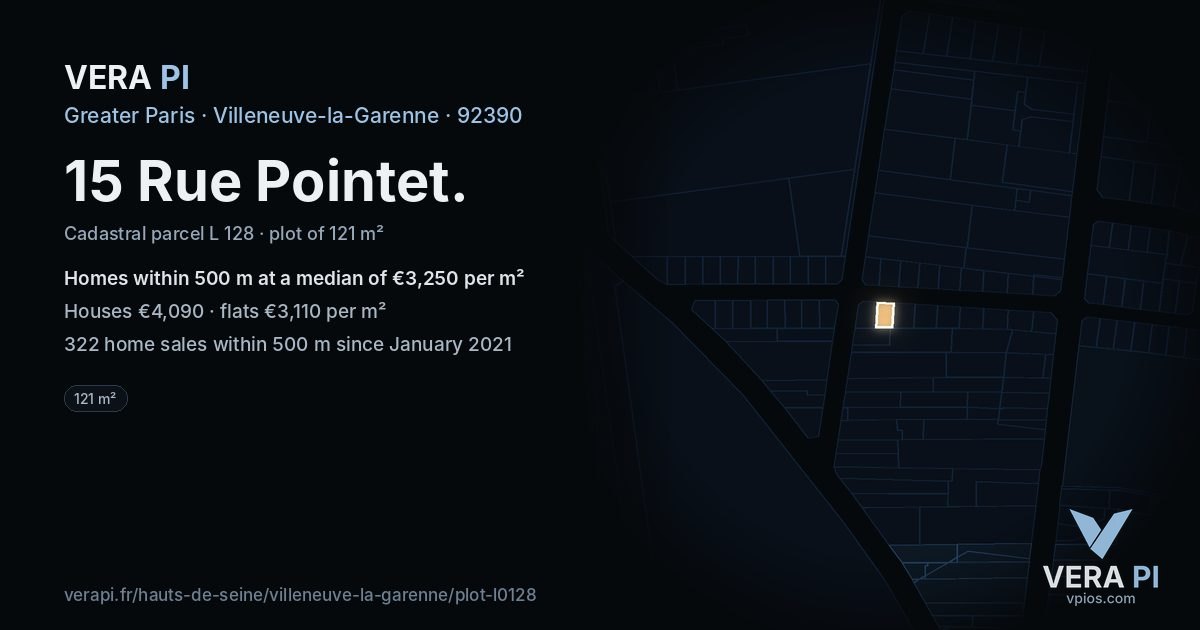 15 Rue Pointet, Villeneuve-la-Garenne at night – the plot lit, the parcels around coloured by the prices near them