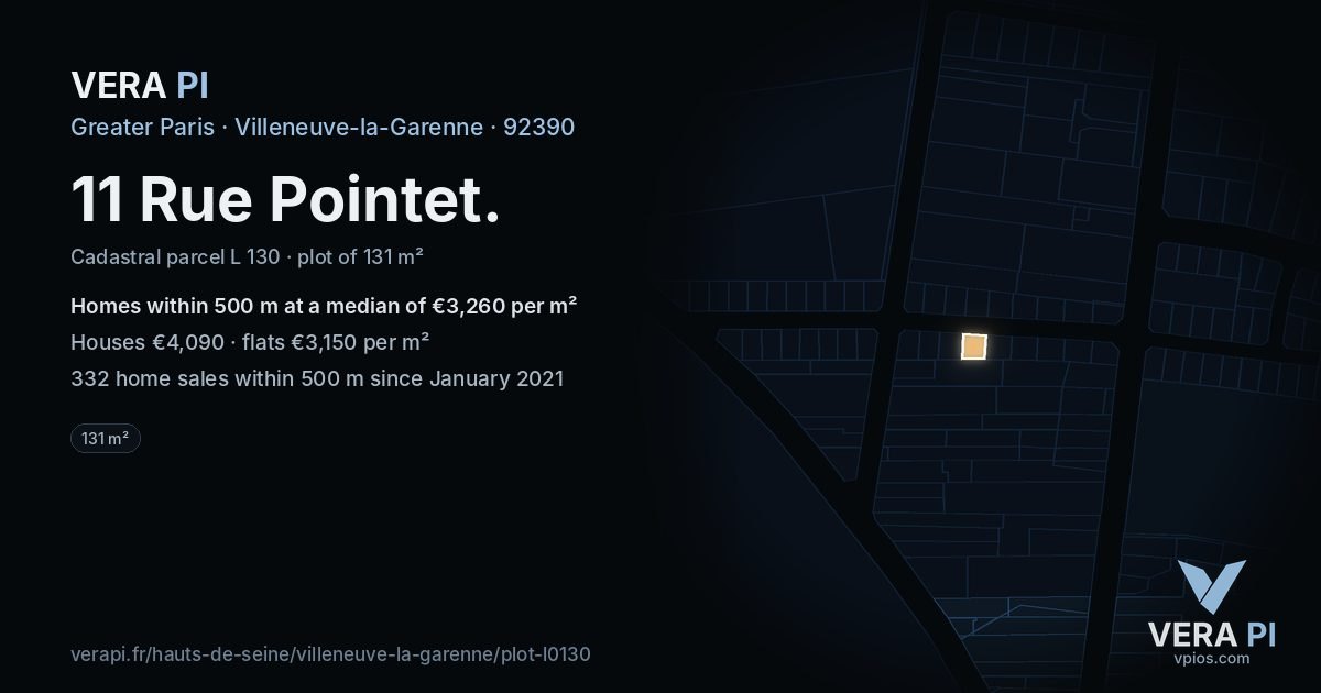 11 Rue Pointet, Villeneuve-la-Garenne at night – the plot lit, the parcels around coloured by the prices near them