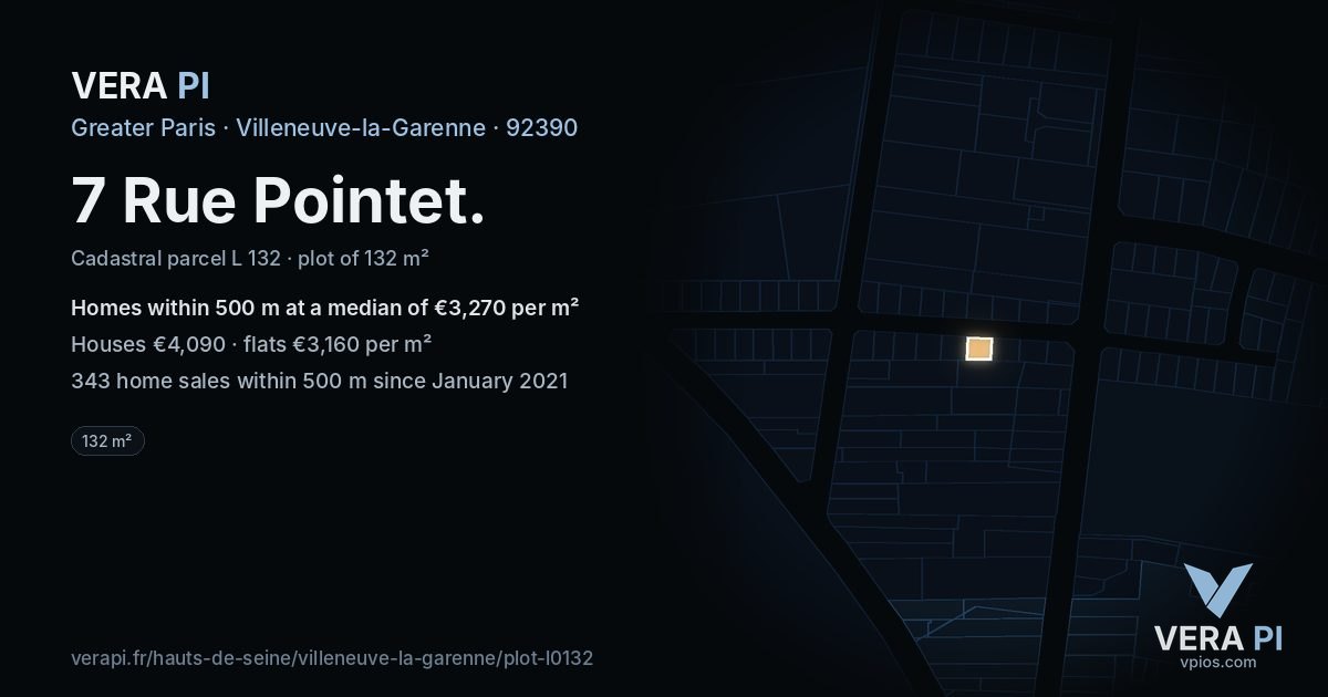 7 Rue Pointet, Villeneuve-la-Garenne at night – the plot lit, the parcels around coloured by the prices near them