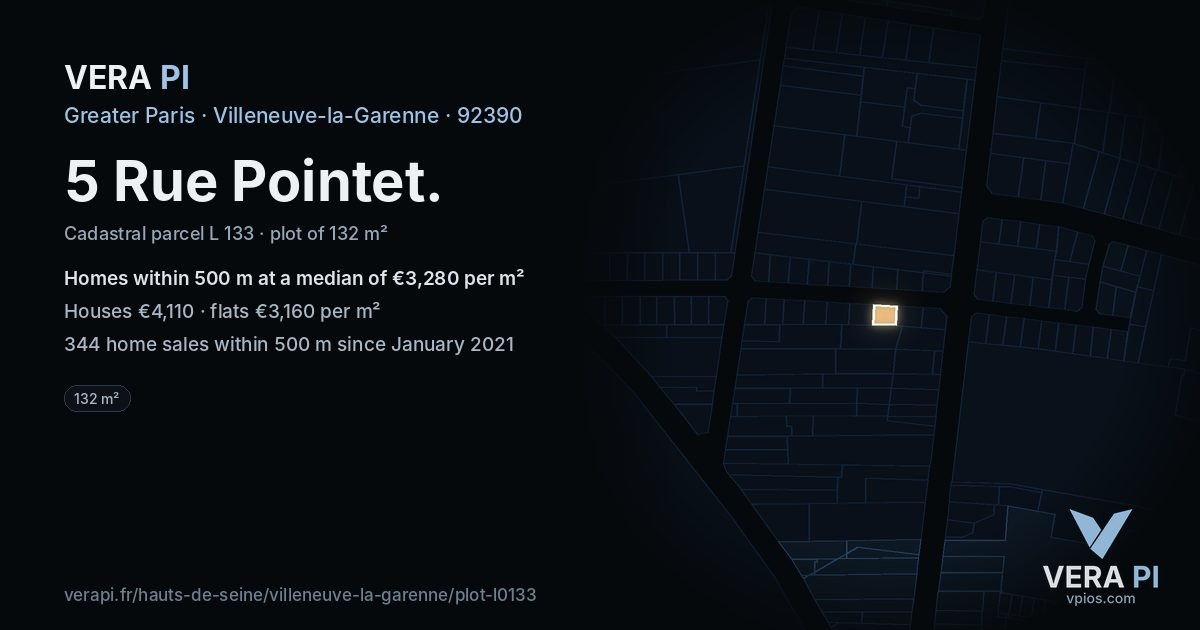 5 Rue Pointet, Villeneuve-la-Garenne at night – the plot lit, the parcels around coloured by the prices near them