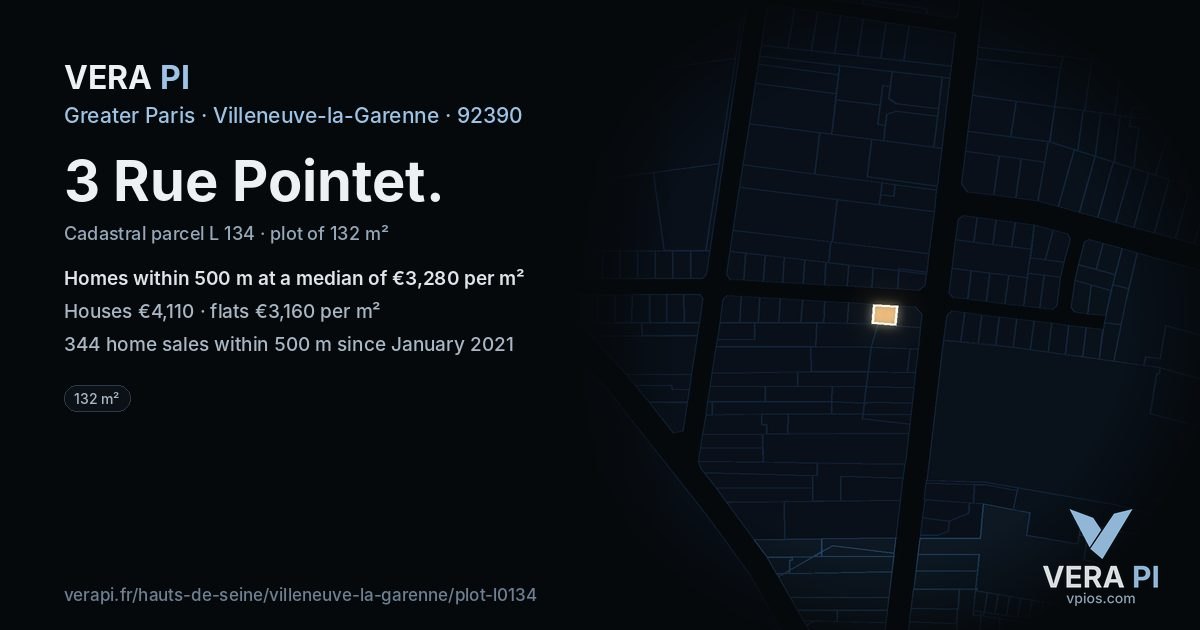3 Rue Pointet, Villeneuve-la-Garenne at night – the plot lit, the parcels around coloured by the prices near them