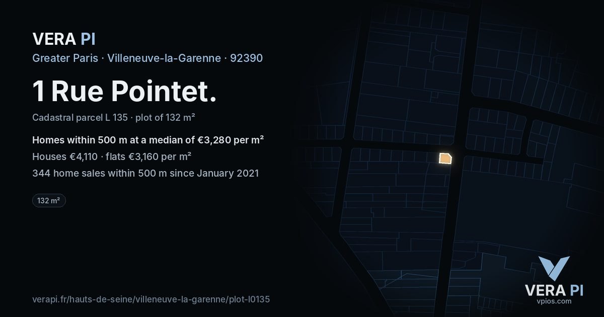 1 Rue Pointet, Villeneuve-la-Garenne at night – the plot lit, the parcels around coloured by the prices near them